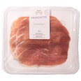 Longo’s Curato prosciutto, thinly sliced Italian dry-cured ham, 125g package in a clear deli tray.